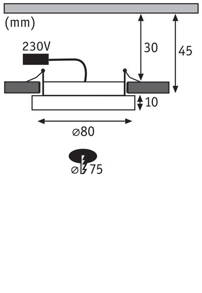 Technische Zeichnung einer Einbauleuchte mit 80 mm Durchmesser und 230V Anschluss, Maße in mm.