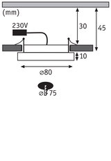 Technical drawing of recessed light with 80 mm diameter and 230V connection, dimensions in mm.