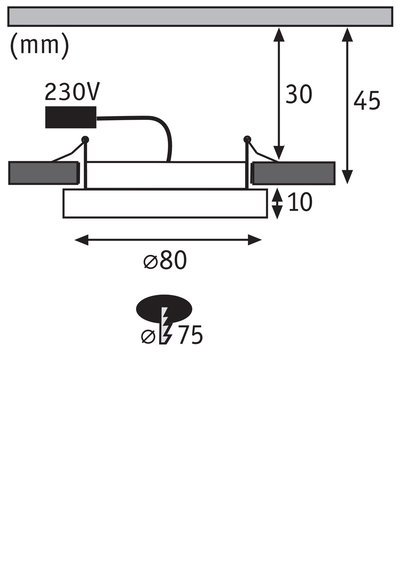 Schéma technique d'un spot encastré de 80 mm de diamètre avec connexion 230V, dimensions en mm.
