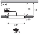 Technische Zeichnung einer Einbauleuchte mit 80 mm Durchmesser und 230V Anschluss, Maße in mm.