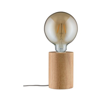 Modern table lamp with wooden base and large glass bulb for ambient lighting in living spaces