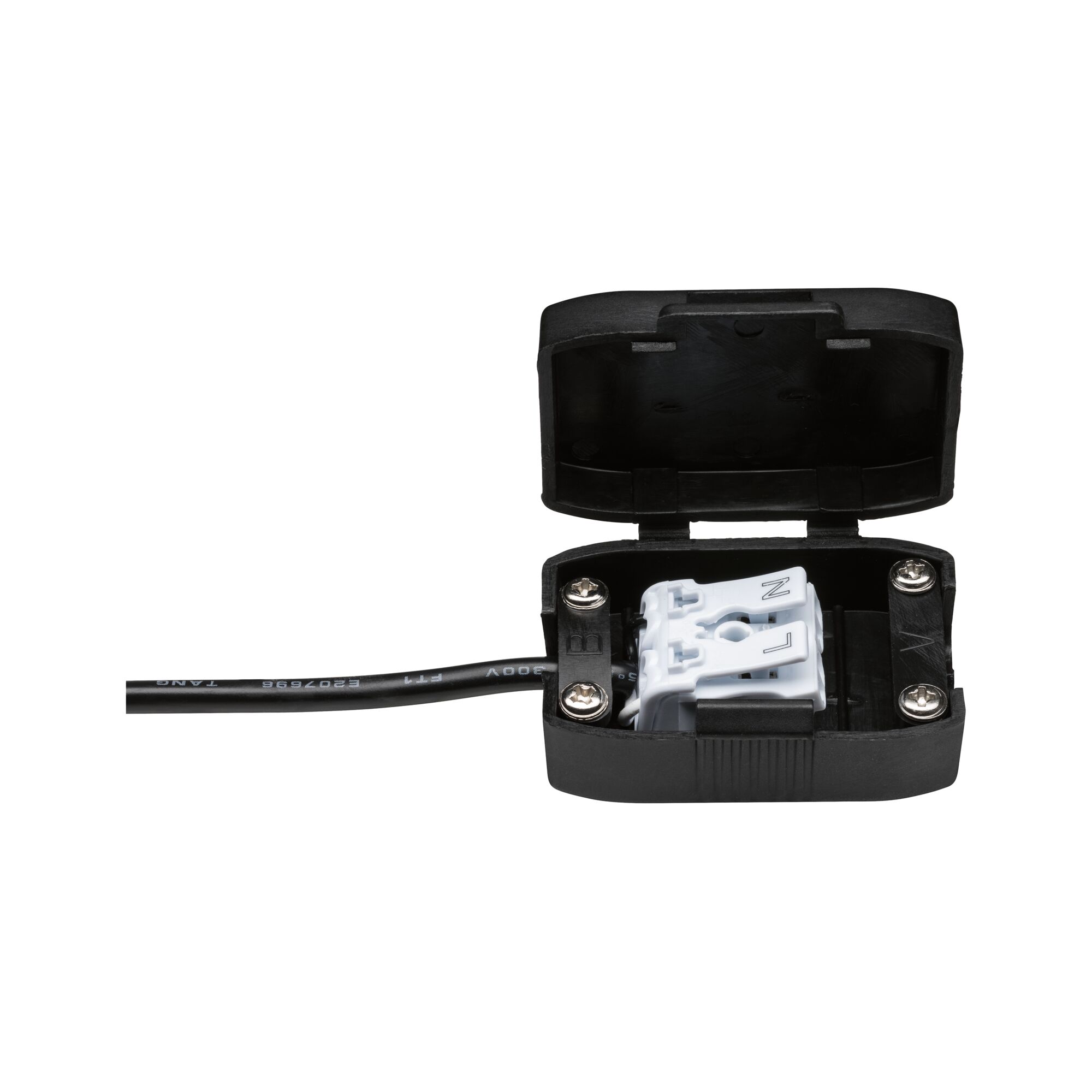 Black plastic housing with open lid and white cable connector for LED lighting installation