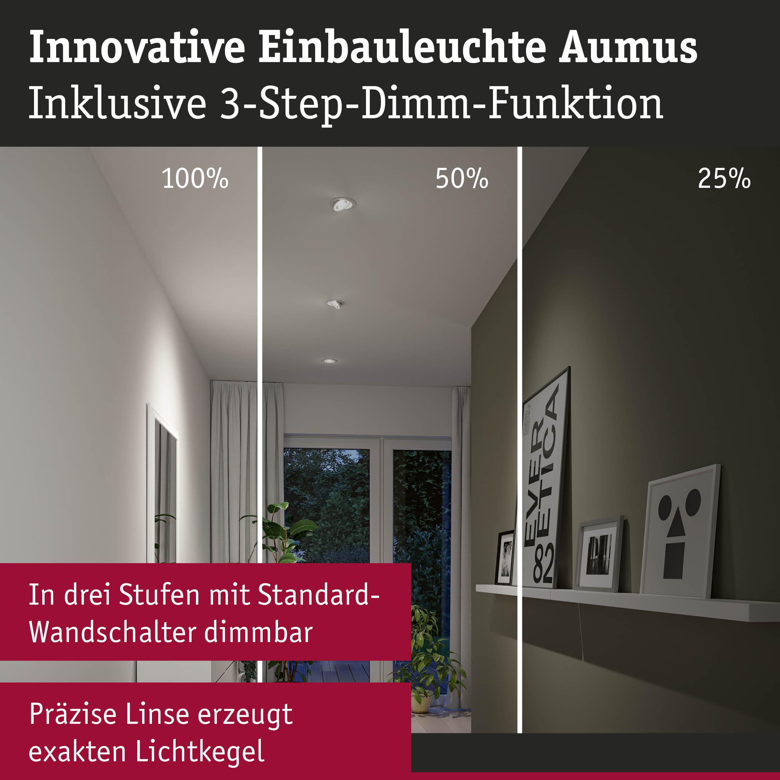 Innovative Einbauleuchte Aumus mit 3-Stufen-Dimmfunktion zeigt Lichtintensität in modernem Raum.