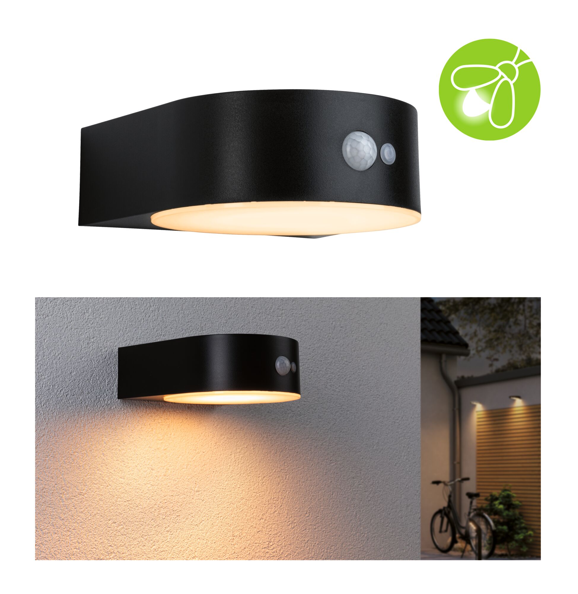 Solar LED-wandarmatuur voor buiten Eileen Bewegingsmelder insectvriendelijk IP44 2200K 300lm Zwart Zwarte LED buitenwandlamp met bewegingssensor en warm wit licht voor buitenverlichting huis