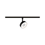 Zwarte LED-spot met ronde witte lichtkring aan railsysteem voor moderne binnenverlichting