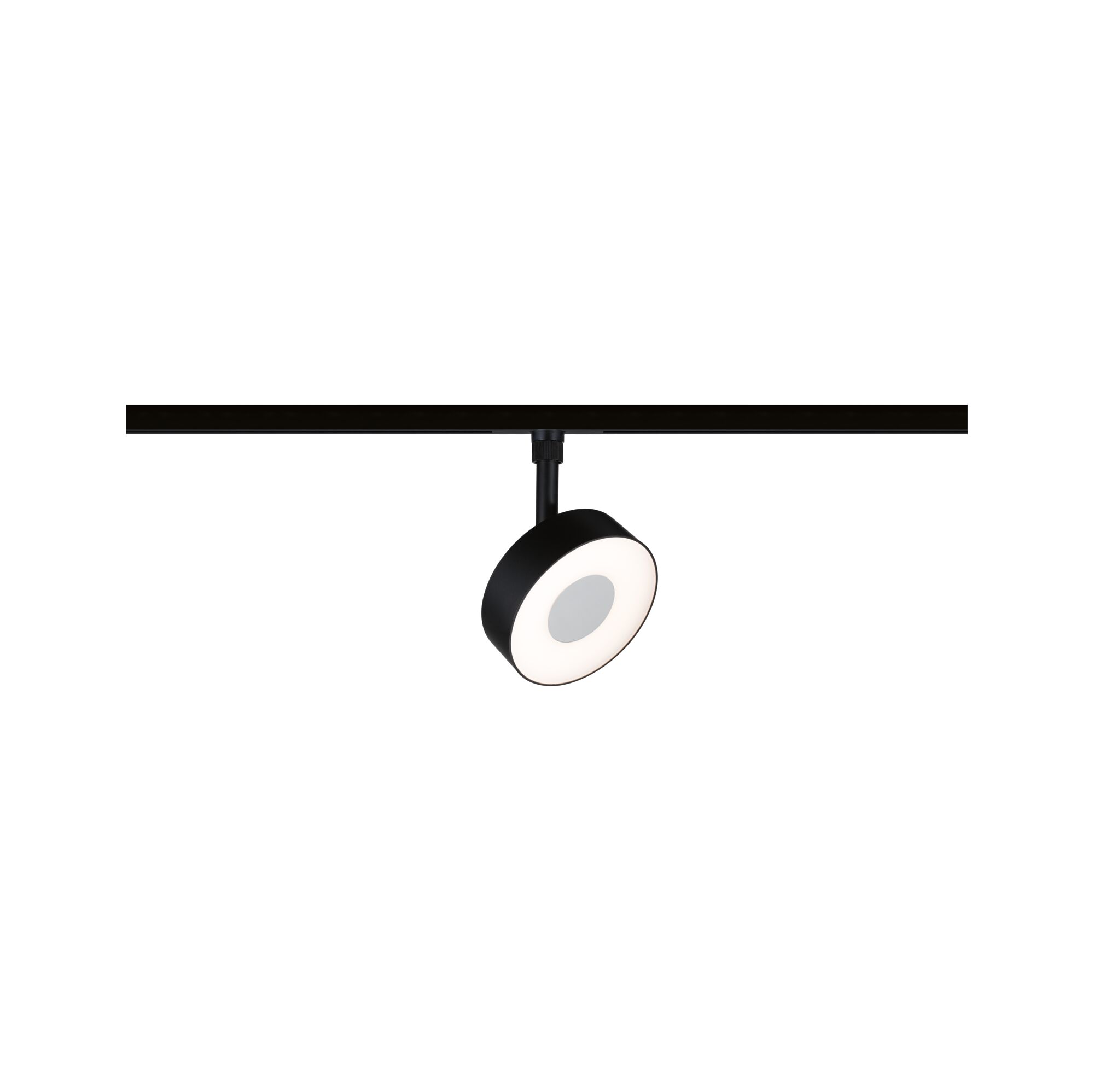 Black LED spotlight with round white light ring on track system for modern indoor lighting