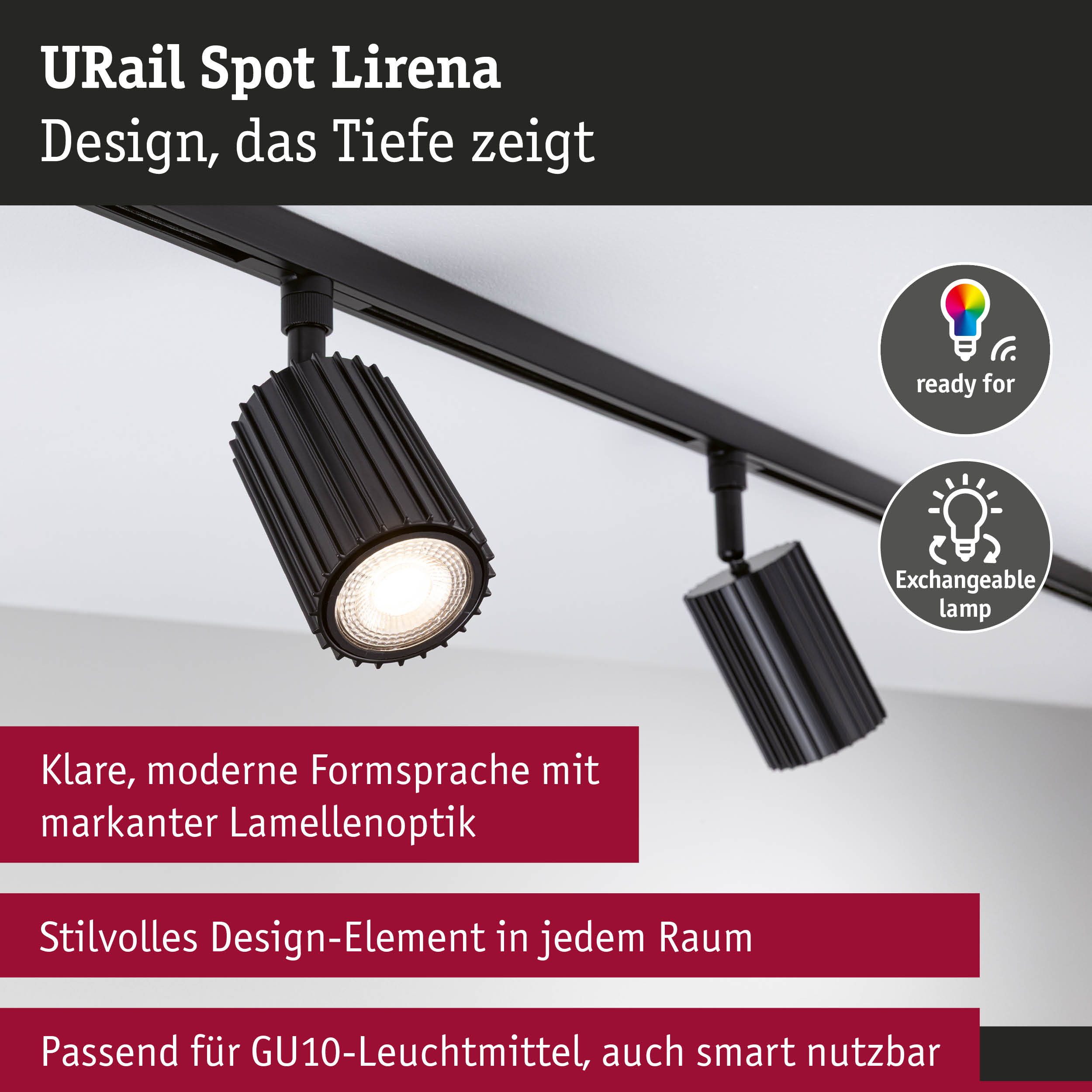 Schwarzer URail Spot Lirena mit markanter Lamellenoptik und austauschbarer Lampe für GU10-Leuchtmittel