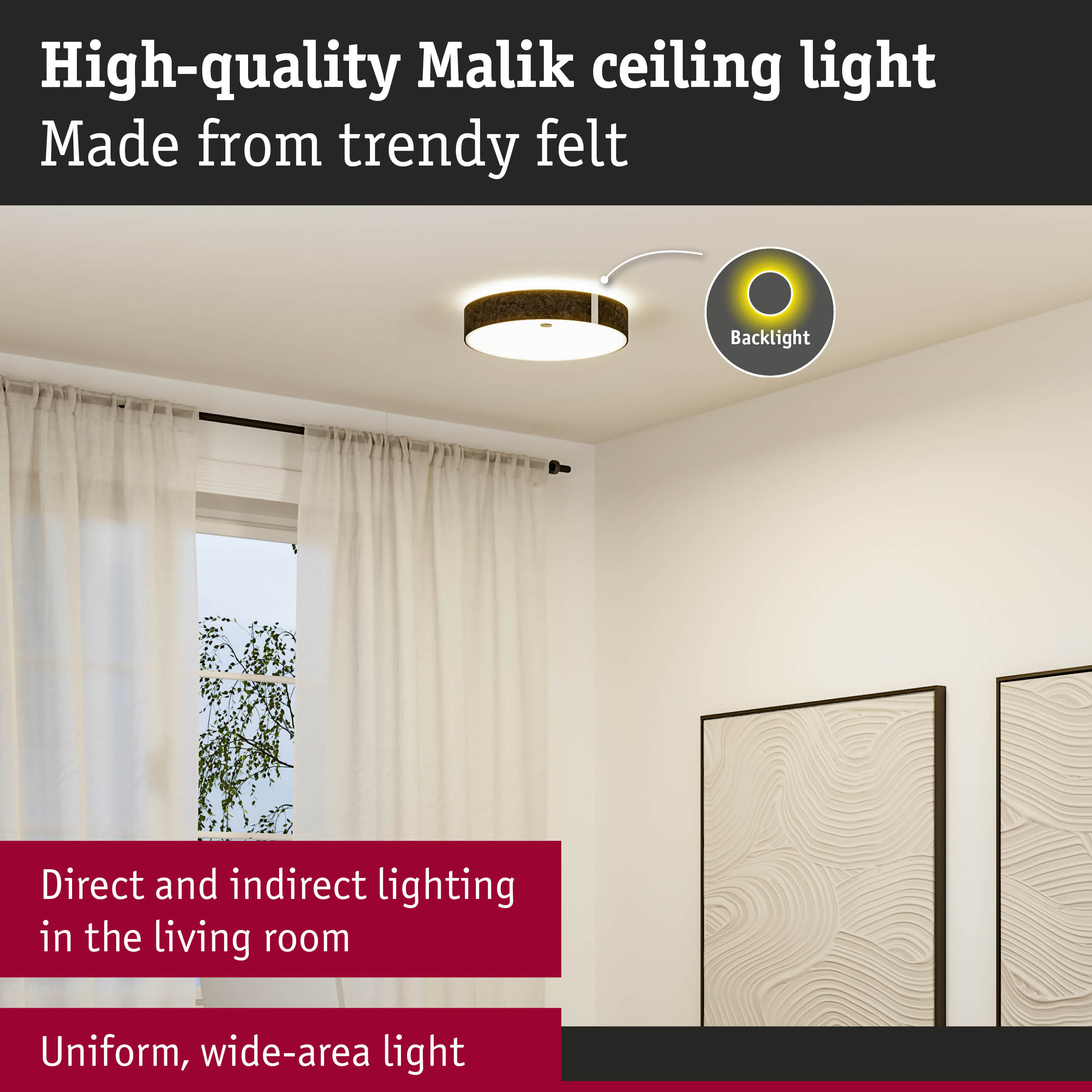 Malik ceiling light made of brown felt with direct and indirect lighting for living room