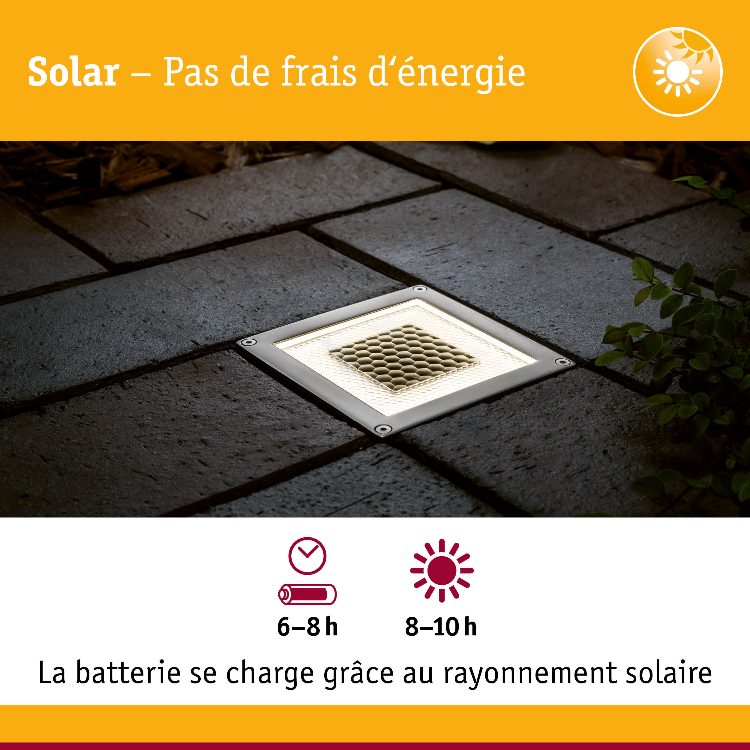 Spot LED encastré au sol en acier inoxydable avec lumière blanche, alimenté par énergie solaire