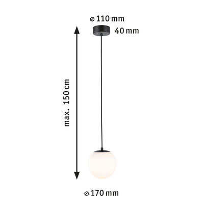 Suspension avec verre blanc et métal noir, diamètre 170 mm, longueur 150 cm, lampe LED moderne