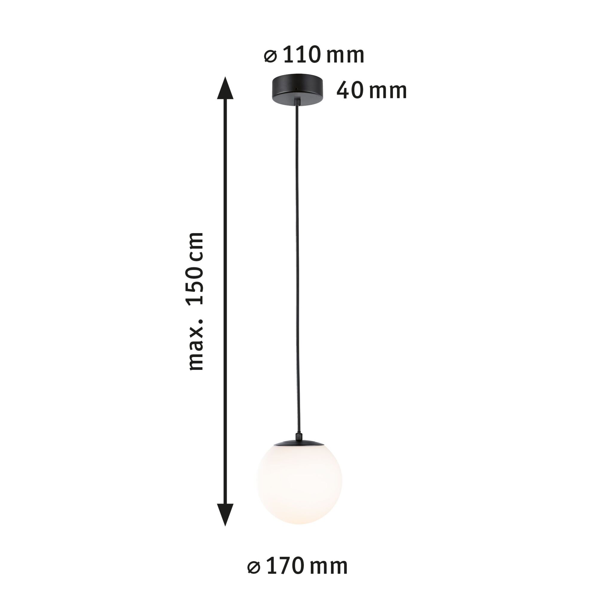 Pendant light with white glass and black metal, 170 mm diameter, 150 cm length, modern LED lamp