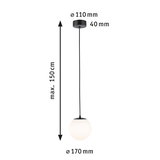 Pendellampe med hvidt glas og sort metal, 170 mm diameter, 150 cm længde, moderne LED lampe