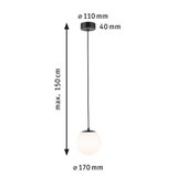 Pendant light with white glass and black metal, 170 mm diameter, 150 cm length, modern LED lamp