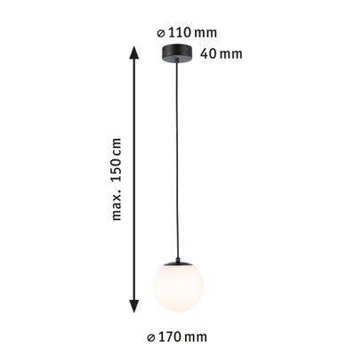 Pendant light with white glass and black metal, 170 mm diameter, 150 cm length, modern LED lamp