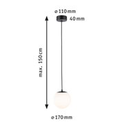 Pendelleuchte mit weißem Glas und schwarzem Metall, 170 mm Durchmesser, 150 cm Länge, moderne LED Lampe
