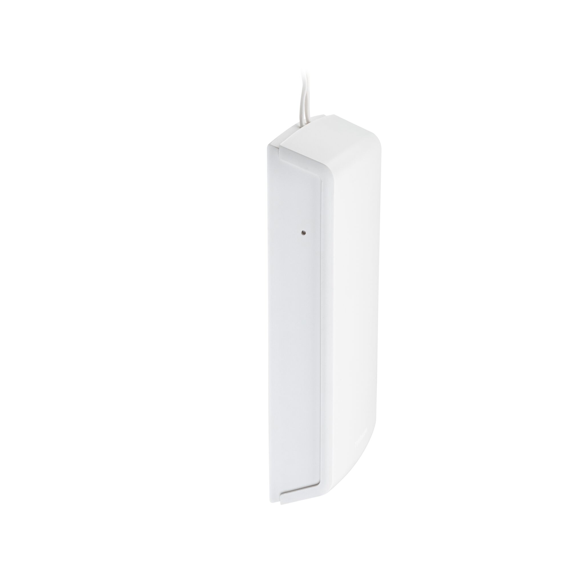 Weißes Kunststoff-Gehäuse mit Kabel, modernes elektronisches Gerät für Hausautomation