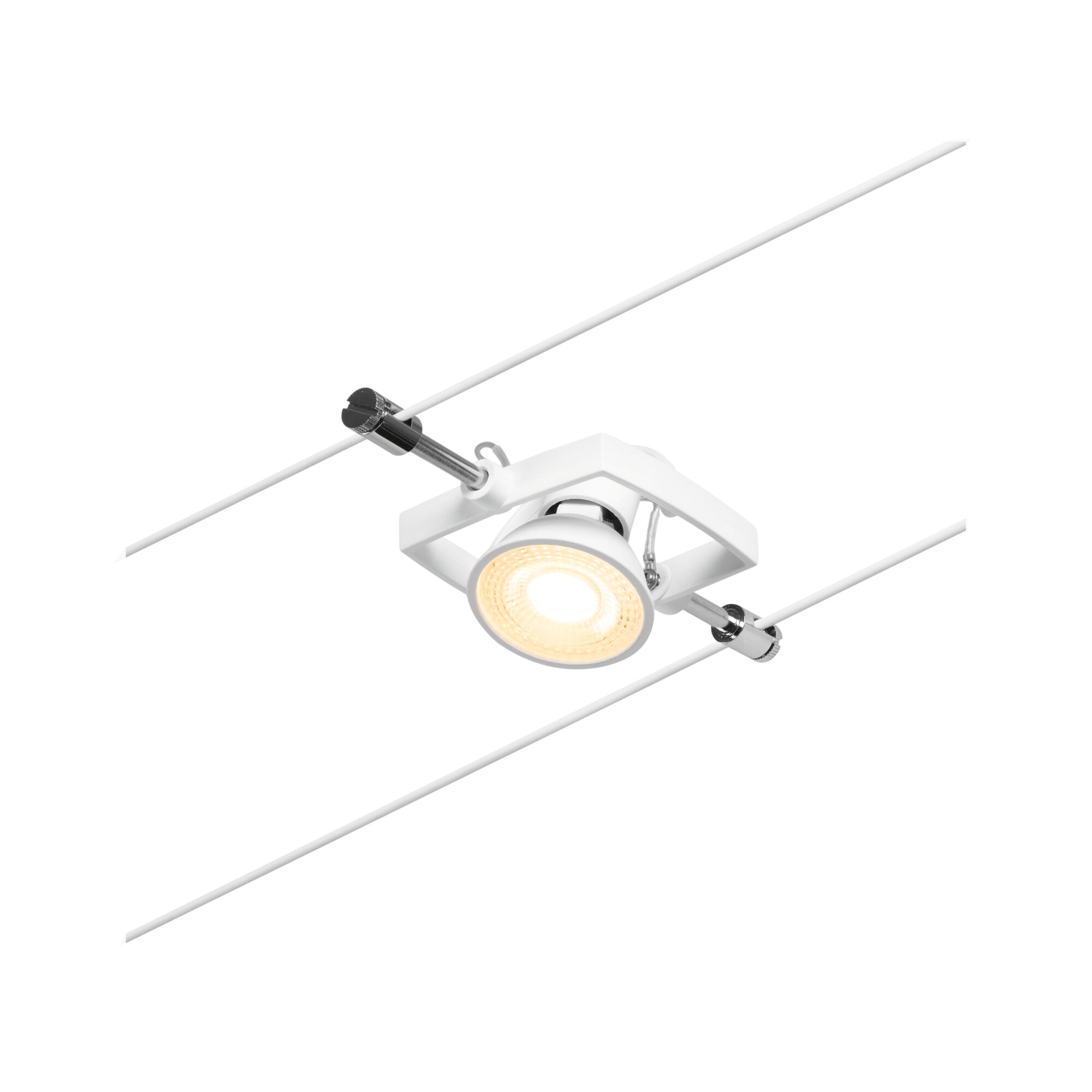 Weißer LED-Seilstrahler mit verstellbarem Spot und Metallhalterung für moderne Beleuchtungssysteme