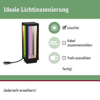 Schwarze LED-Leuchte mit mehrfarbigen Glasstreifen und Kabelanschluss für moderne Lichtgestaltung