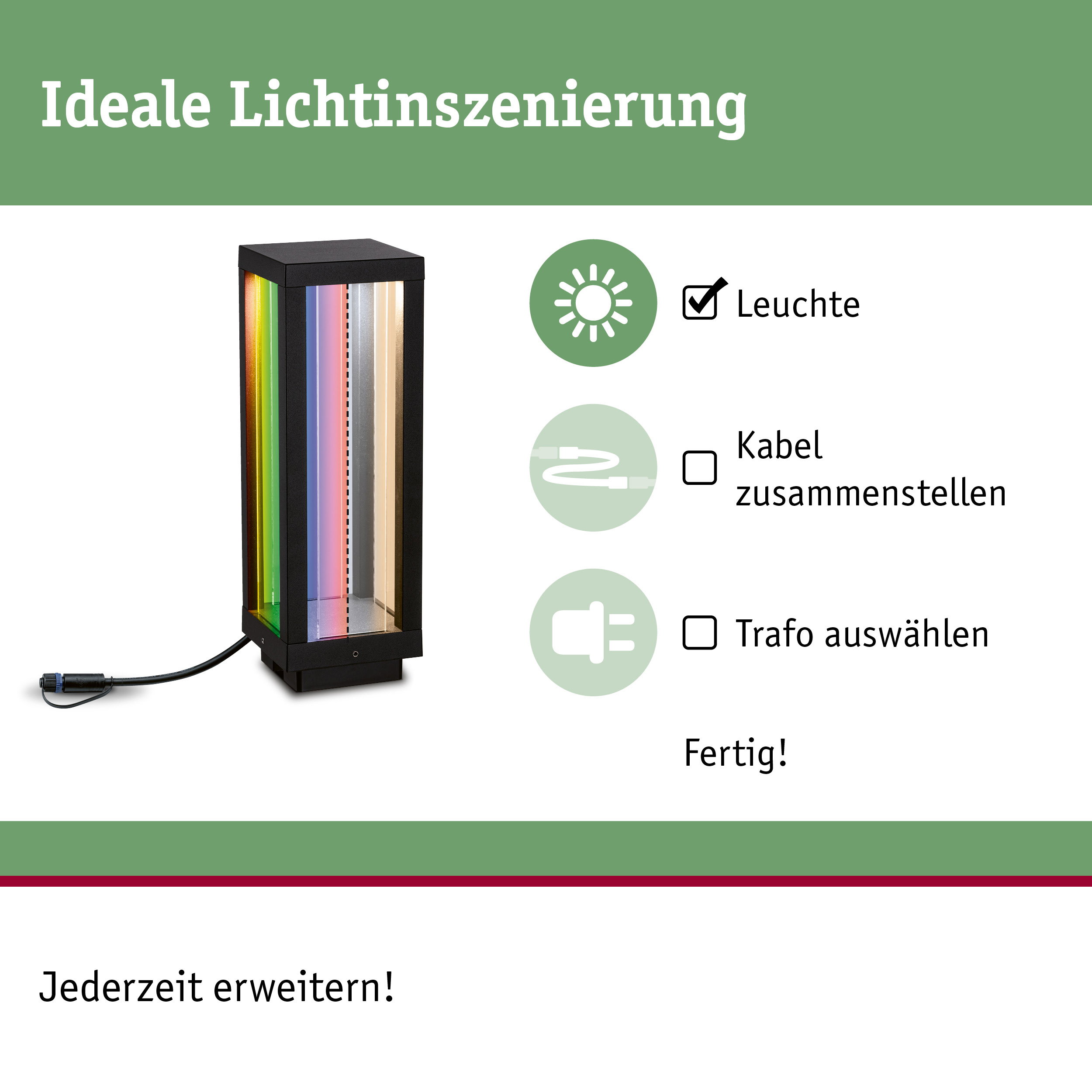Schwarze LED-Außenleuchte mit mehrfarbigen Glasstreifen und Kabelanschluss für Gartenbeleuchtung