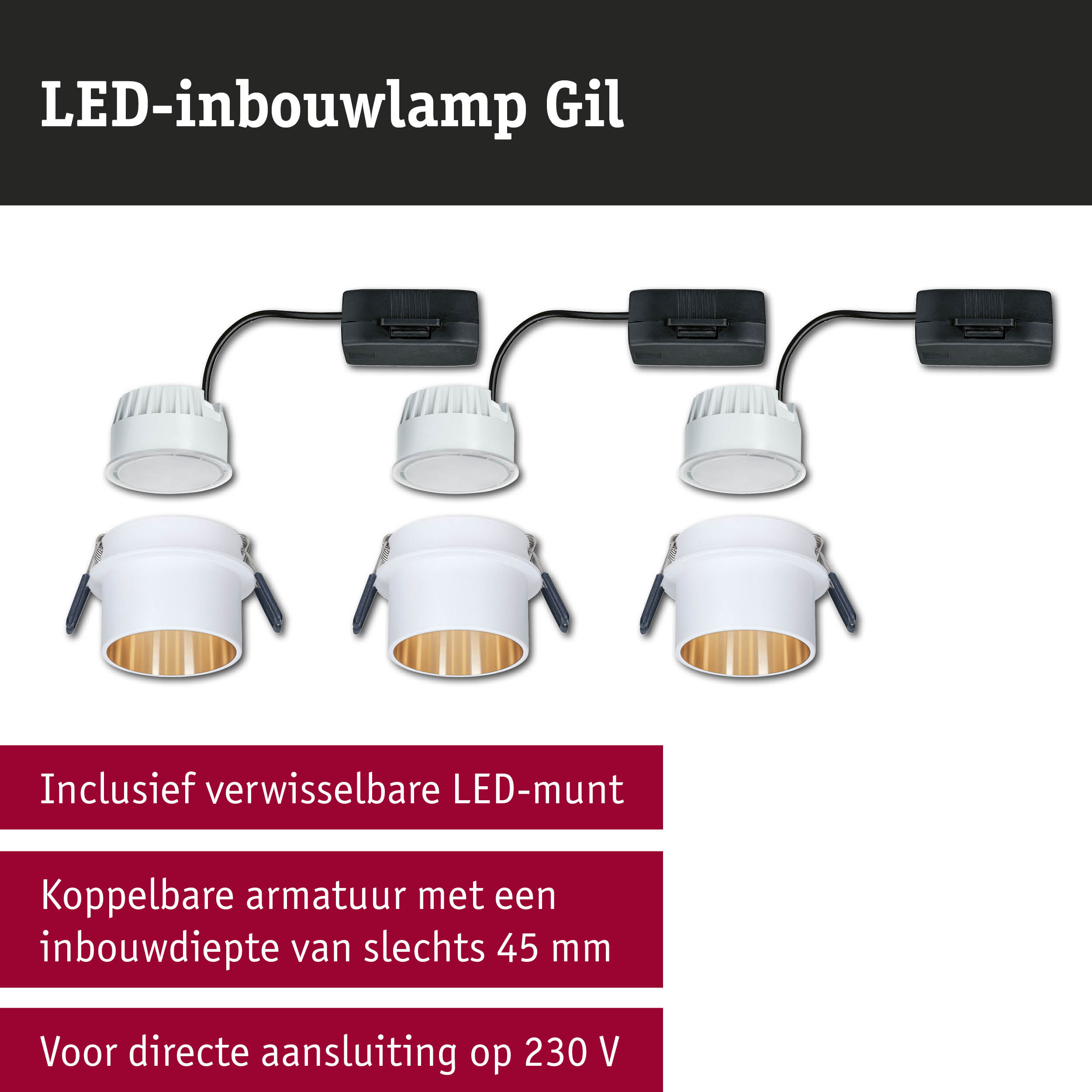 Witte LED-inbouwspots Gil met gouden reflector en zwarte aansluitkabel voor plafondverlichting