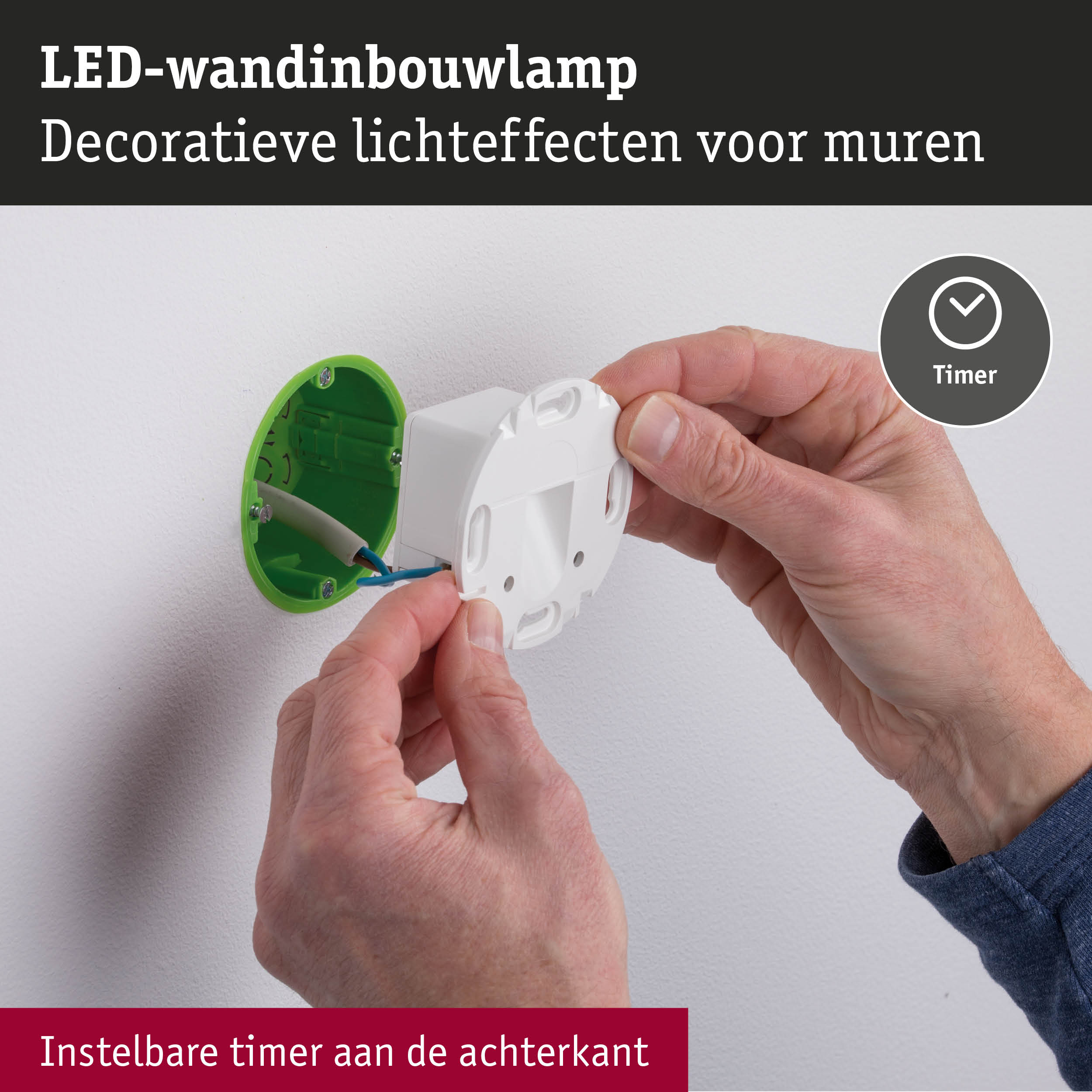 Witte LED-wandinbouwlamp met groene montagebox en instelbare timerfunctie