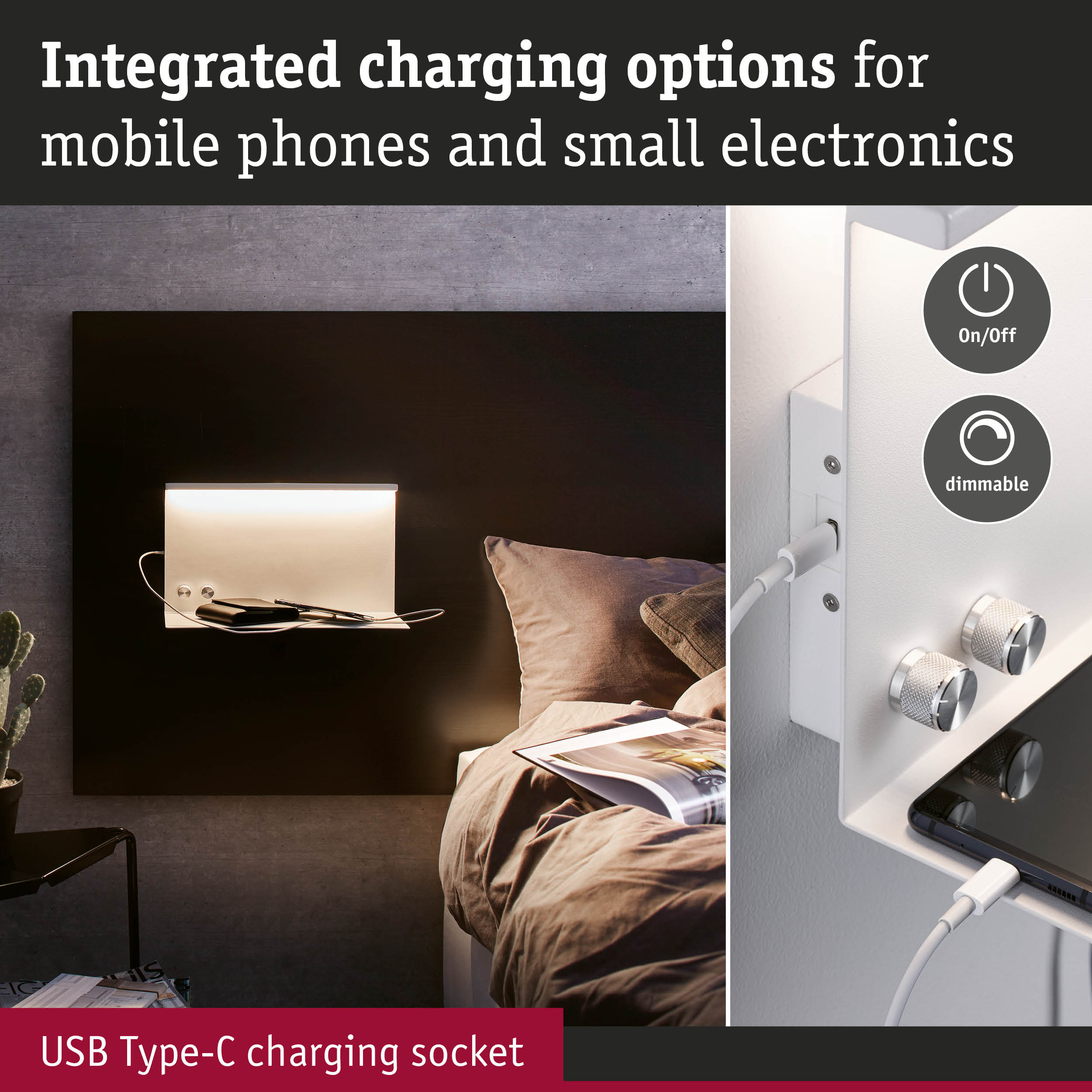 White wall lamp with integrated USB Type-C charging socket and dimmable control for mobile devices