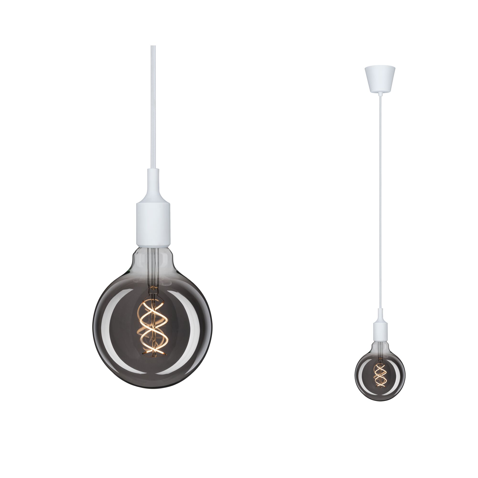 Hängende LED-Glühbirne mit Spiralfaden in rauchgrauem Glas und weißem Kabel für moderne Beleuchtung