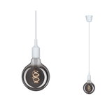 Hanging LED bulb with spiral filament in smoky glass and white cable for modern lighting design