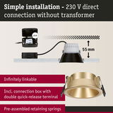 Gold recessed spotlight with 55 mm depth and connection box for 230 V direct wiring without transformer