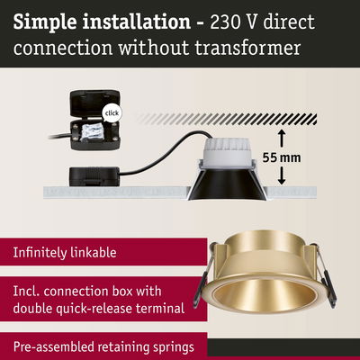 Gold recessed spotlight with 55 mm depth and connection box for 230 V direct wiring without transformer