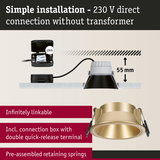 Gold recessed spotlight with 55 mm depth and connection box for 230 V direct wiring without transformer