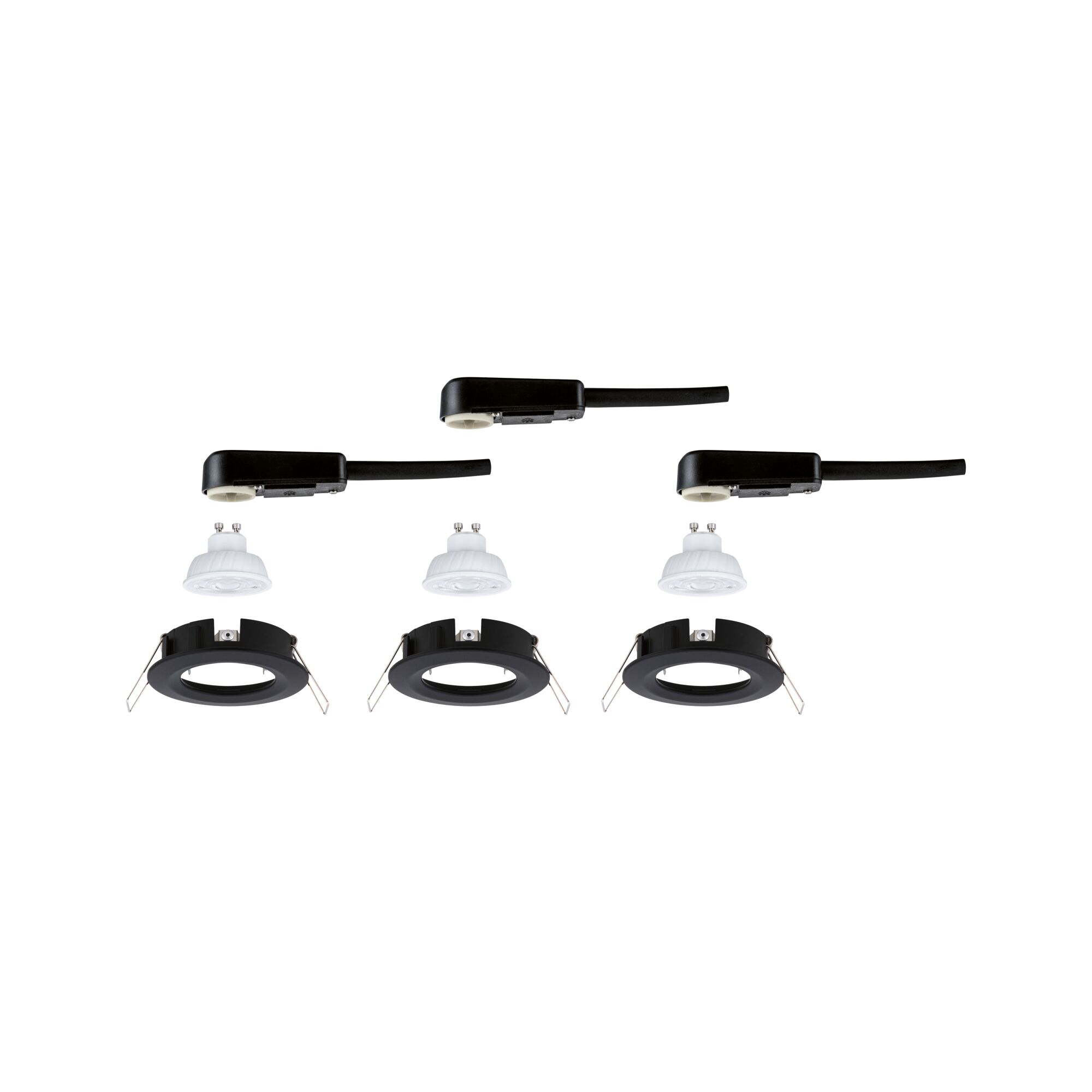 Drei schwarze Einbaustrahler mit weißen GU10 LED-Leuchtmitteln und Anschlusskabeln für LED-Beleuchtung