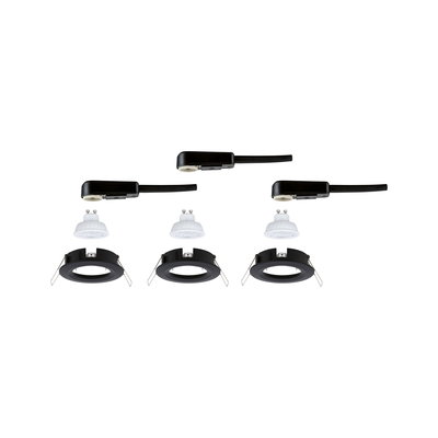 Drei schwarze Einbaustrahler mit weißen GU10 LED-Leuchtmitteln und Anschlusskabeln für LED-Beleuchtung