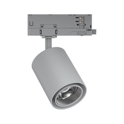 Grey metal LED spotlight with cylindrical design for track lighting systems