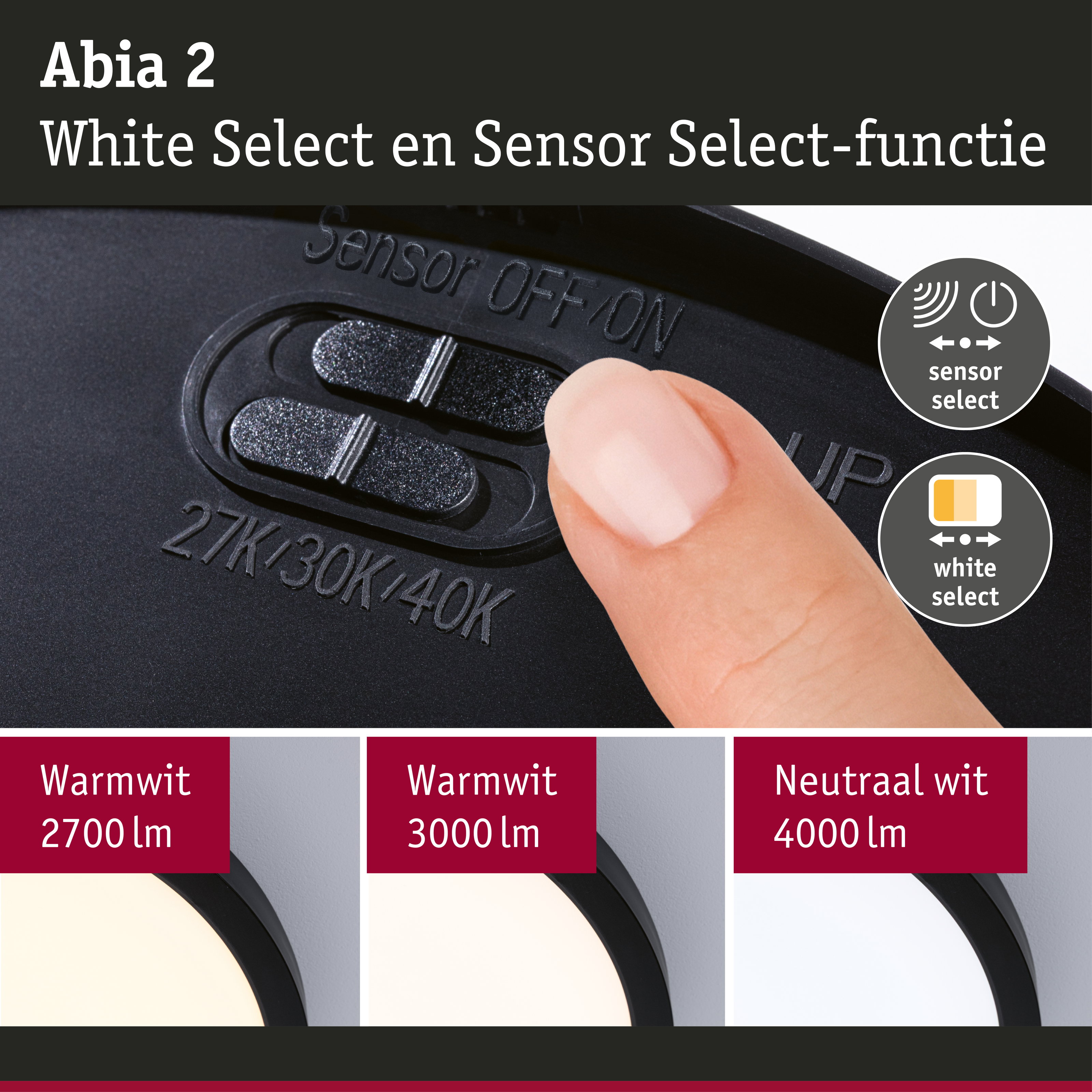 LED-paneel Abia 2 White Select Schemergestuurde bewegingsmelder (HF) rond 400mm 16W 1400lm 2700 - 4000K Zwart