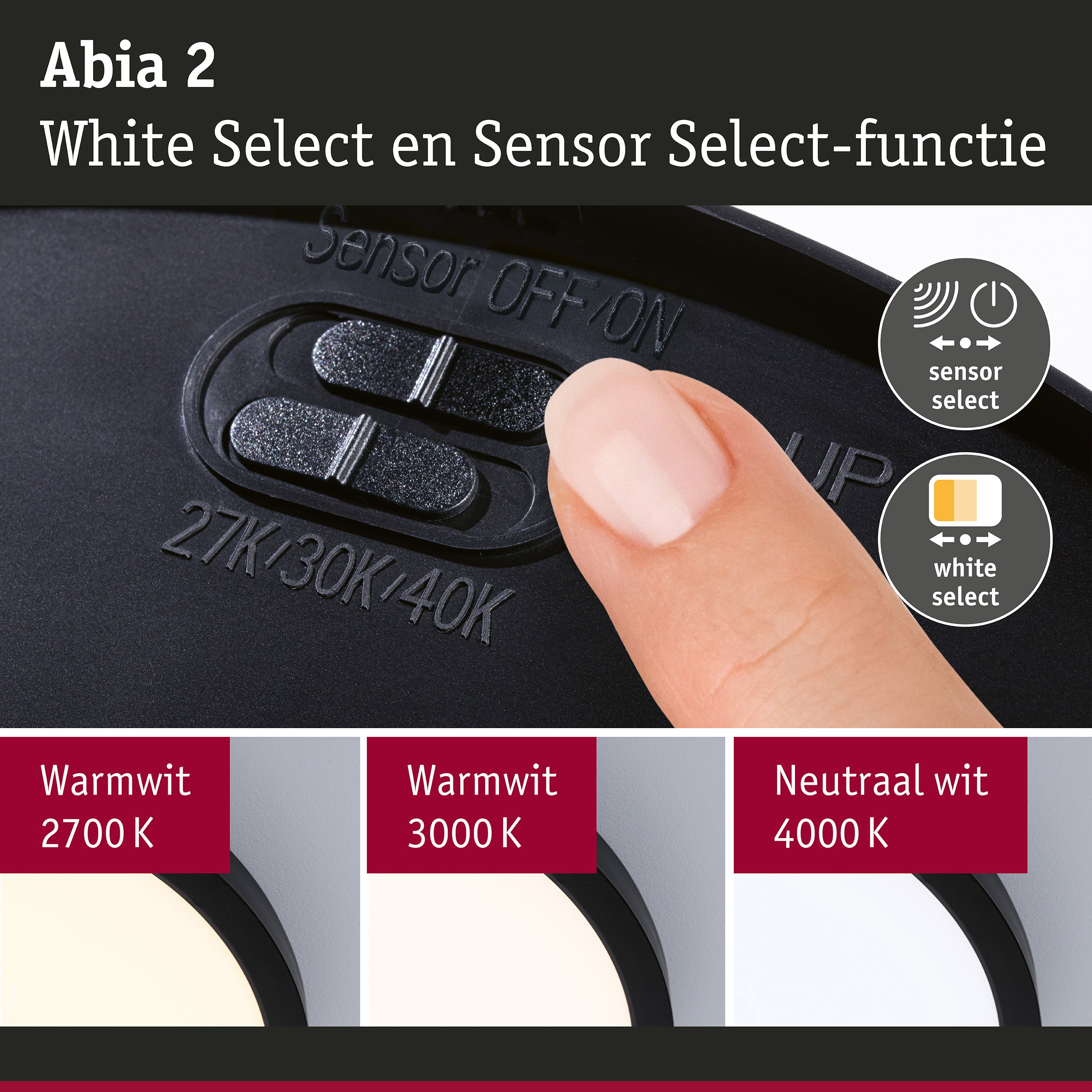 LED-paneel Abia 2 White Select Schemergestuurde bewegingsmelder (HF) rond 400mm 16W 1400lm White Select Zwart