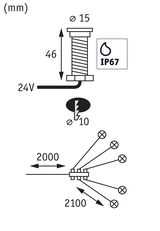 Technical drawing showing dimensions and IP67 rating for 24V LED lighting cable setup.
