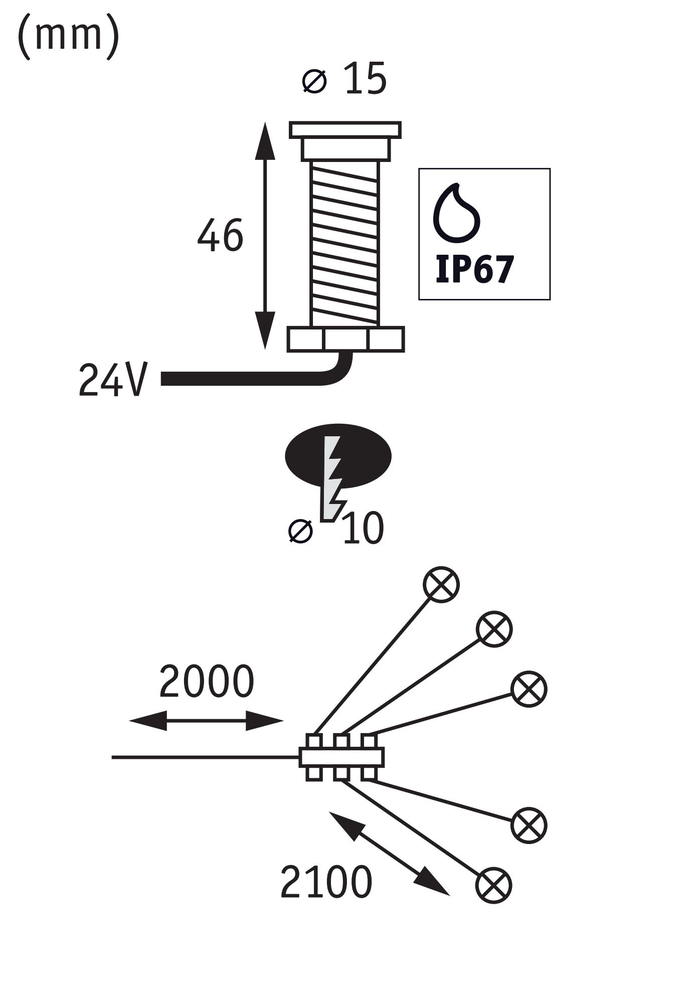 Teknisk tegning med mål og IP67-klassificering for 24V LED-belysningskabel.