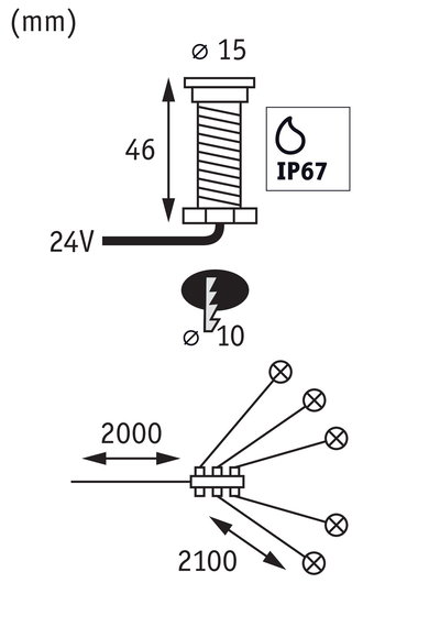 Teknisk tegning med mål og IP67-klassificering for 24V LED-belysningskabel.