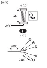 Technical drawing showing dimensions and IP67 rating for 24V LED lighting cable setup.