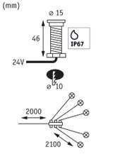 Technische Zeichnung mit Maßen und IP67 Schutzklasse für 24V LED Beleuchtungskabel.