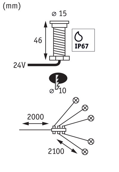 Technische Zeichnung mit Maßen und IP67 Schutzklasse für 24V LED Beleuchtungskabel.