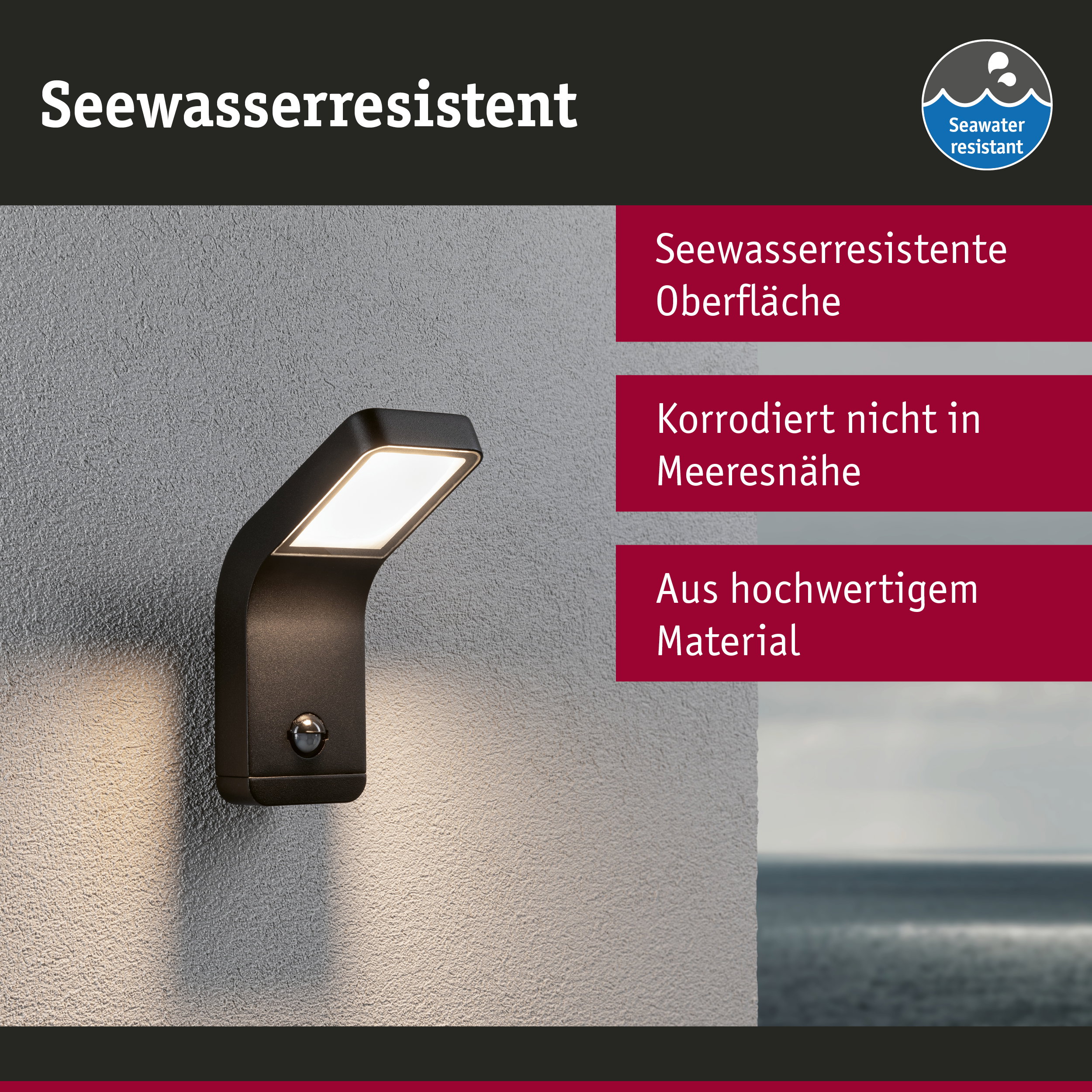 Schwarze Außenwandleuchte mit seewasserresistenter Oberfläche und Bewegungsmelder für Meerumgebung