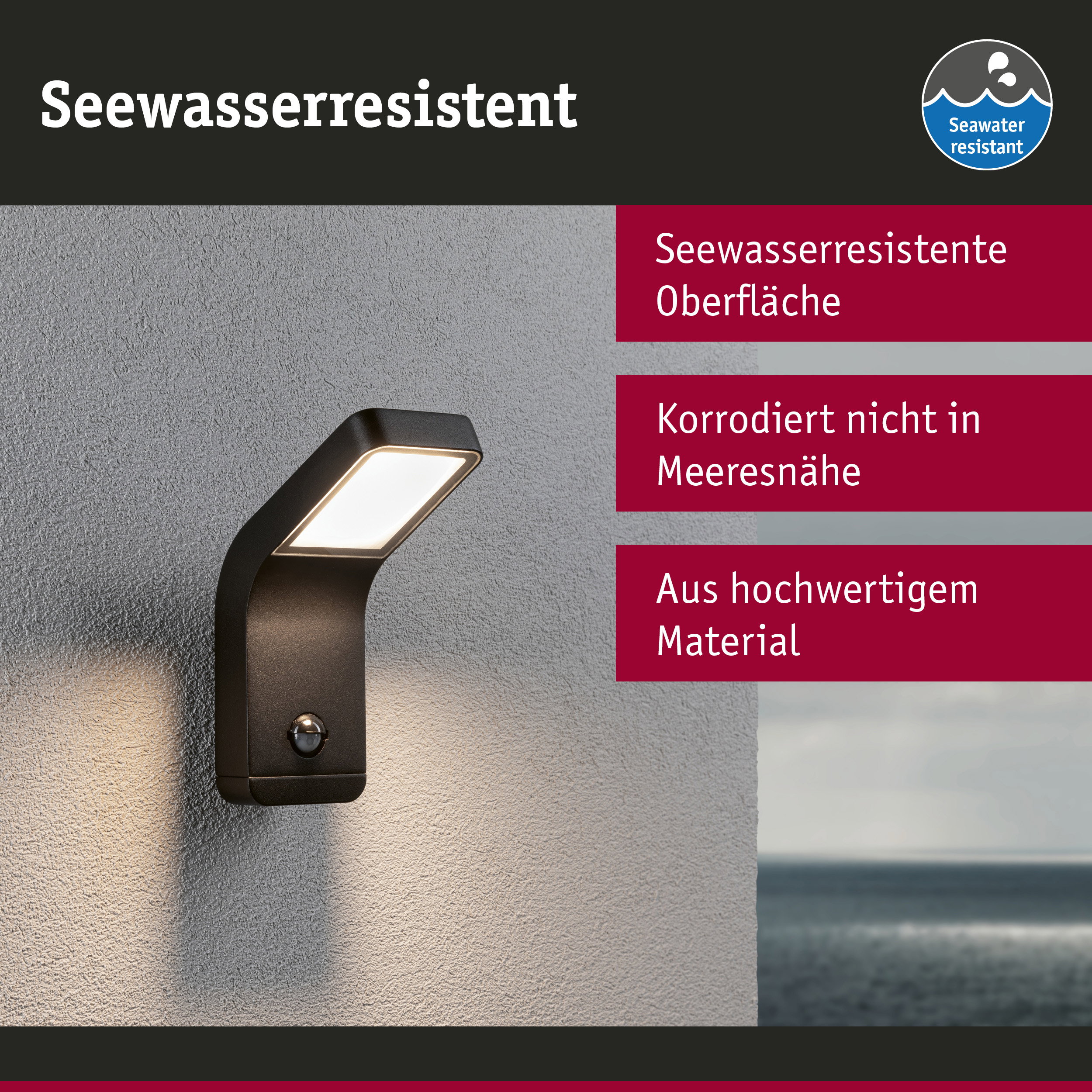 Schwarze Außenwandleuchte mit seewasserresistenter Oberfläche und Bewegungsmelder für Meerumgebung