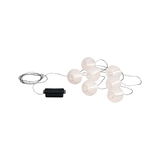 Guirlande lumineuse avec huit lanternes blanches en plastique et boîtier à piles noir pour décoration.
