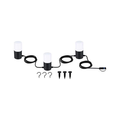 Three black LED garden lights with white covers and cables, including ground spikes and hooks for outdoor lighting.
