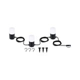 Three black LED garden lights with white covers and cables, including ground spikes and hooks for outdoor lighting.