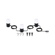Trois lampes de jardin LED noires avec couvercles blancs et câbles, avec piquets et crochets pour extérieur.