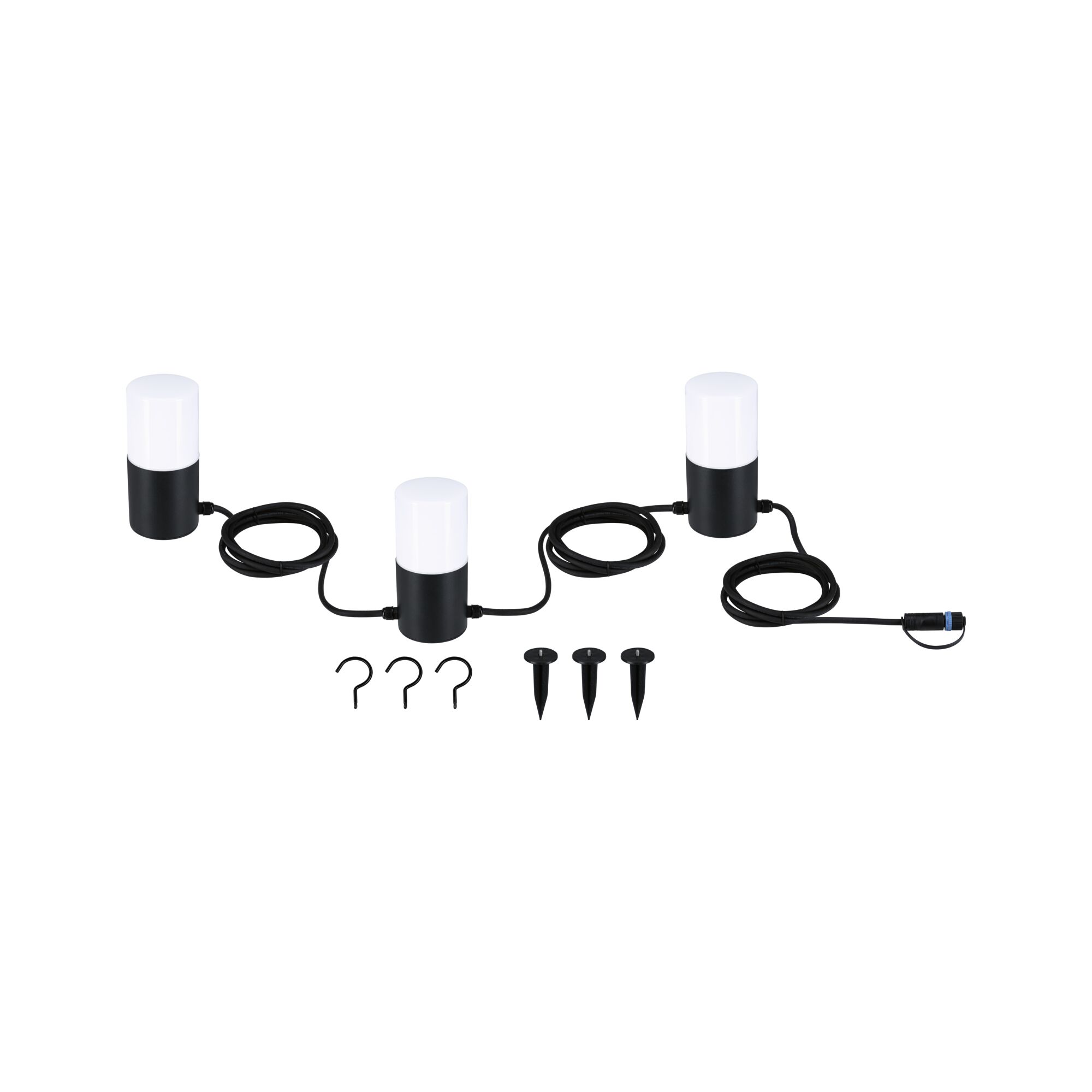 Trois lampes de jardin LED noires avec couvercles blancs et câbles, avec piquets et crochets pour extérieur.