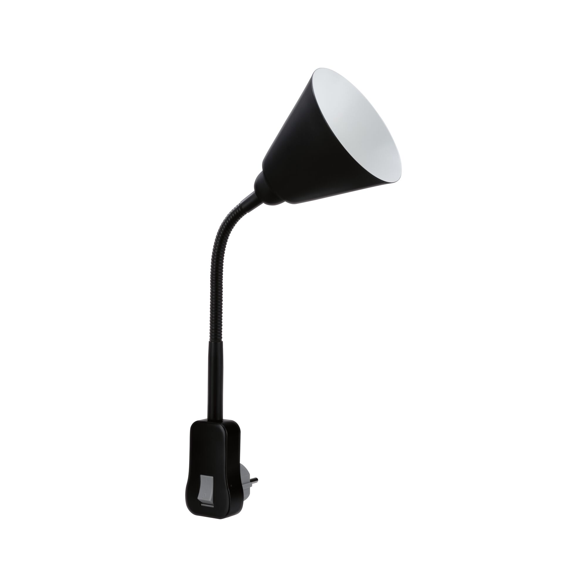 Schwarze flexible Wandlampe mit weißem Reflektor und integriertem Schalter für gezielte Beleuchtung